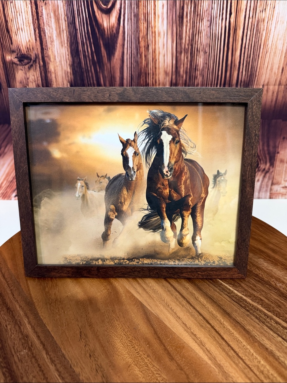Framed Galloping Horses Wall Art - Brown Rustic Frame